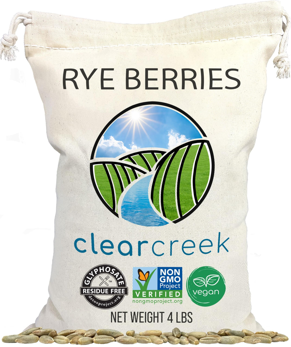 CLEAR CREEK rye berries packaging shows glyphosate-free guarantee for home cooking.