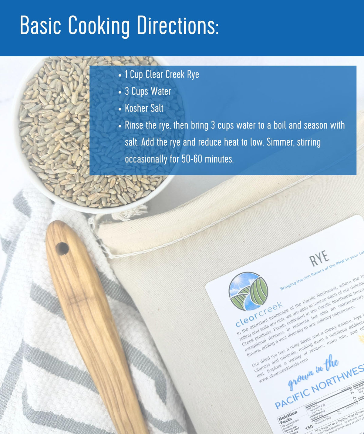 CLEAR CREEK rye berries raw grains close-up emphasizes hearty texture.