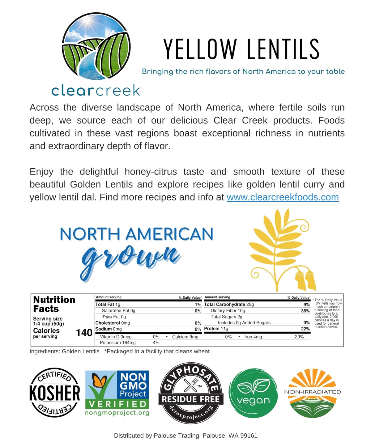 CLEAR CREEK Yellow Lentils kosher seal on package for dietary compliance.