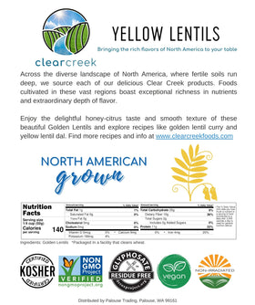 CLEAR CREEK Yellow Lentils kosher seal on package for dietary compliance.
