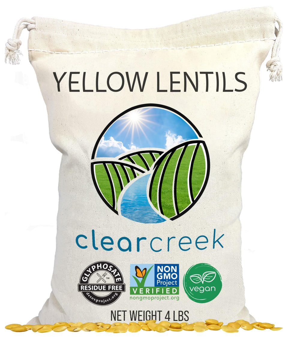CLEAR CREEK Yellow Lentils package, vegan pantry staple with glyphosate-free certification.
