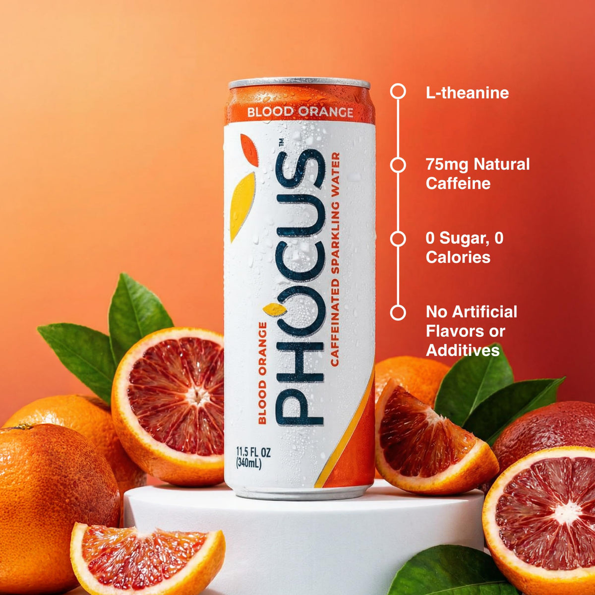 CLEAR CUT PHOCUS Blood Orange can pouring into a glass for a refreshing energy boost