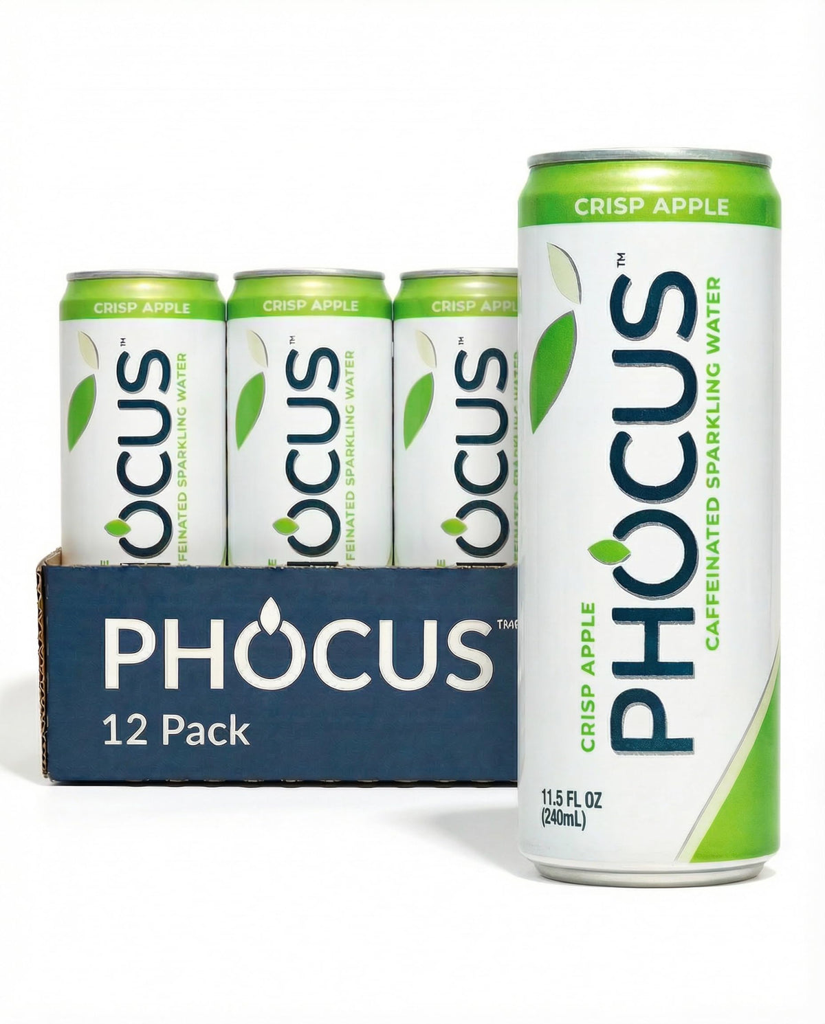 CLEAR CUT PHOCUS Crisp Apple can closeup shows zero sugar and natural caffeine.