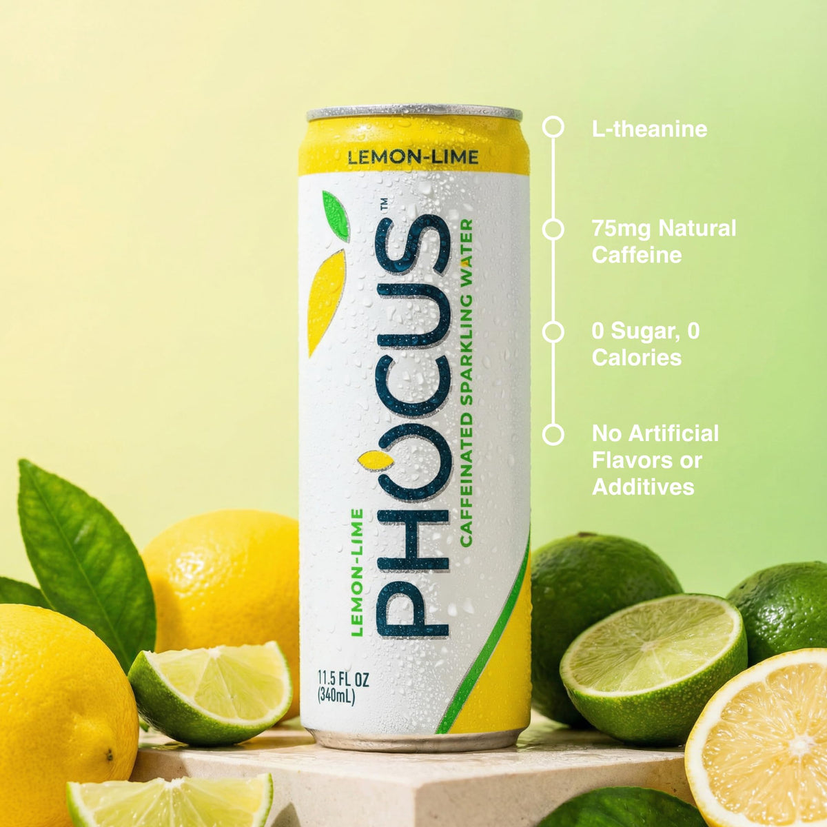 CLEAR CUT PHOCUS Lemon Lime can on ice provides crisp flavor with 75 mg caffeine.