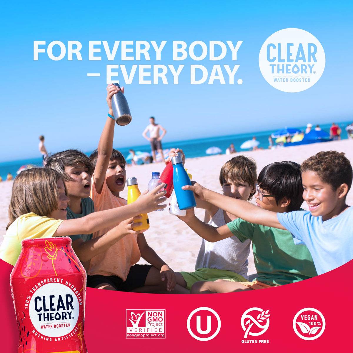 Clear Theory flavoring drops on a table beside a glass of water for quick flavor