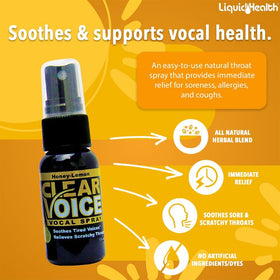 Close-up of label on Clear Voice Honey Lemon spray showing natural ingredients