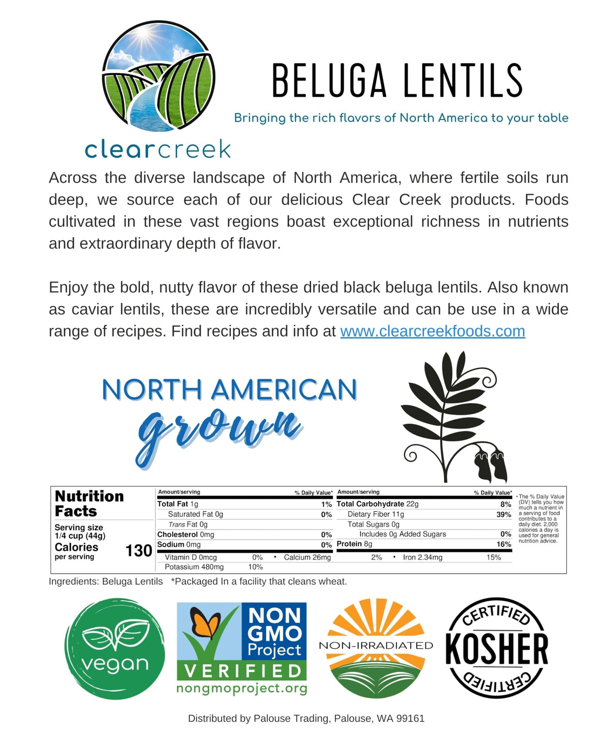 CLEAR CREEK Black Beluga lentils on shelf with project non-GMO verified seal.