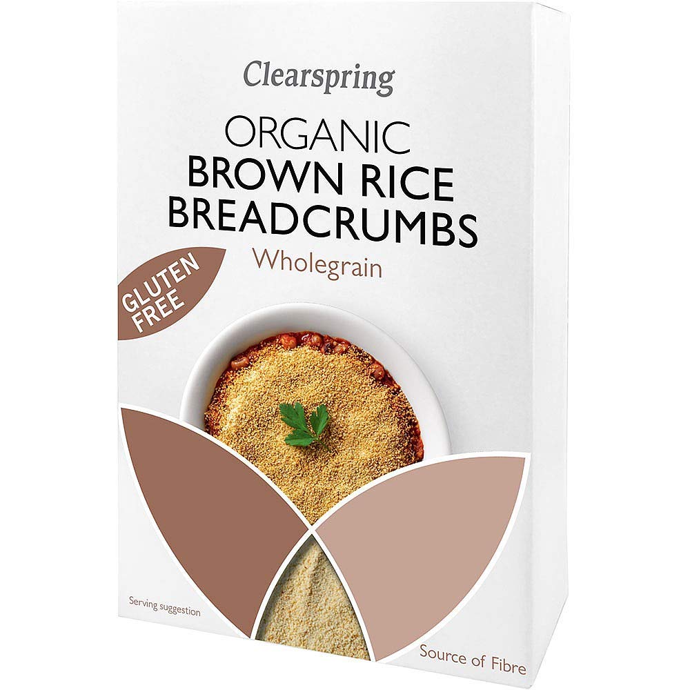 Clearspring brown rice breadcrumbs pack shot, perfect for gluten-free crusts and crispy coatings.