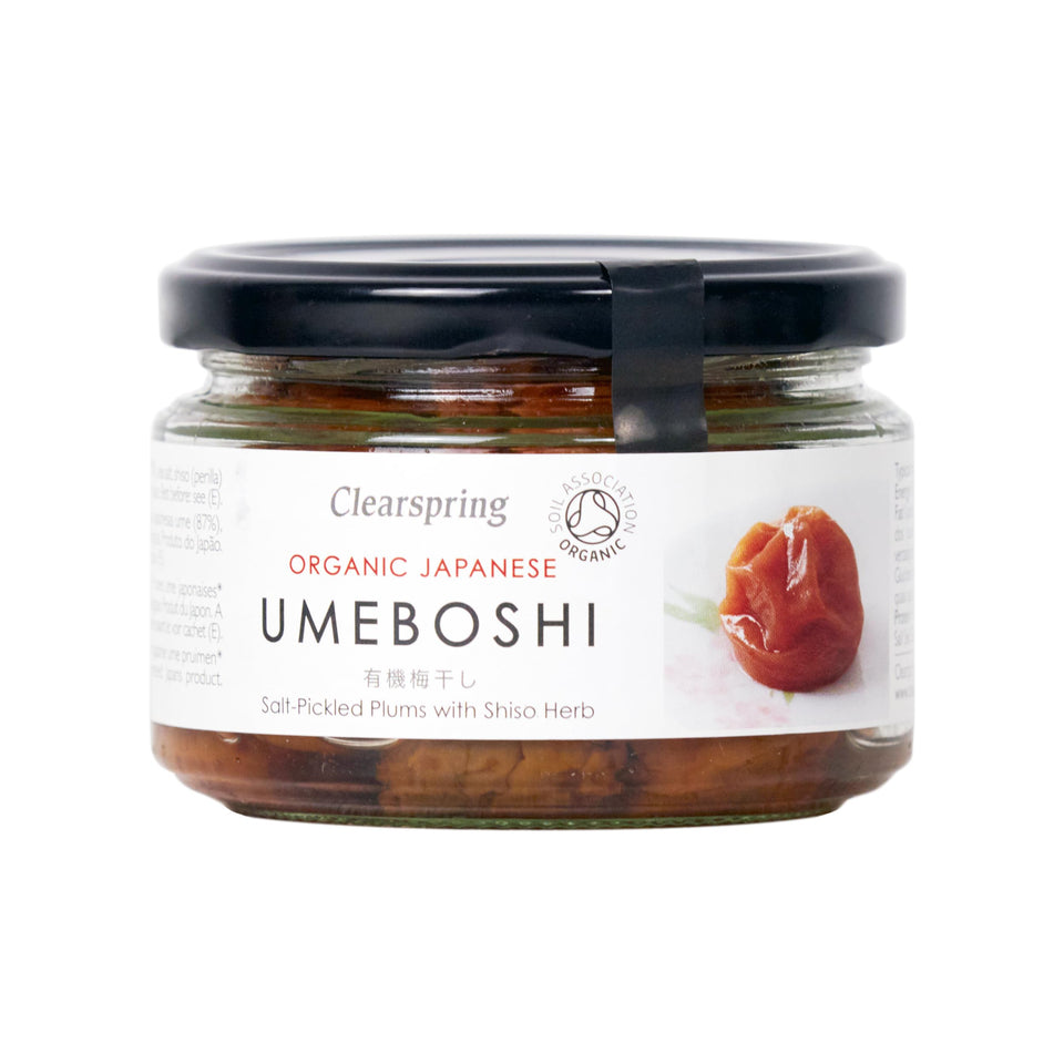 Clearspring organic Japanese umeboshi plums pack shot - bold tang for flavor emphasis.