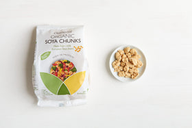 Clearspring Organic Soya Chunks 200g dry close-up, ready to soak and rehydrate for meals.