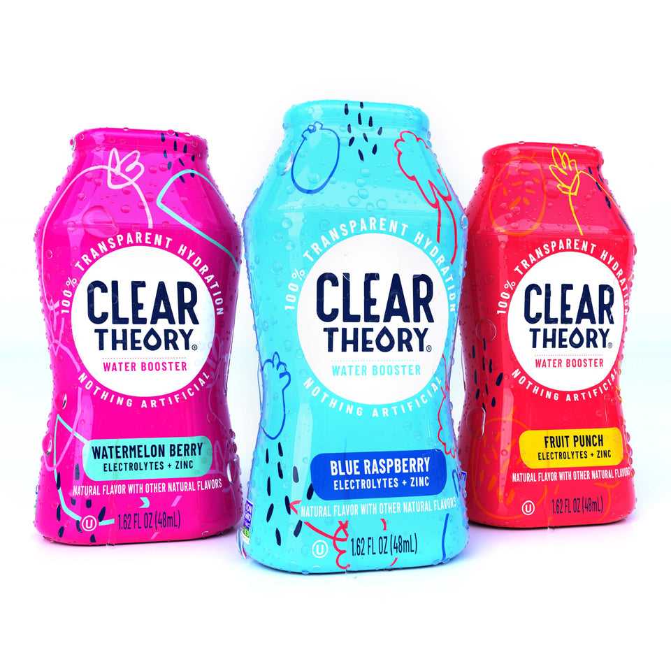 Clear Theory Water Flavoring Drops bottle pouring into a glass for quick hydration on the go.