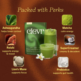Iced latte poured over ice with foamy top from Clevr Honey Vanilla Matcha SuperLatte.