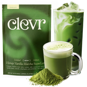 Clevr Honey Vanilla Matcha SuperLatte packaging with ceremonial-grade powder for easy latte making.
