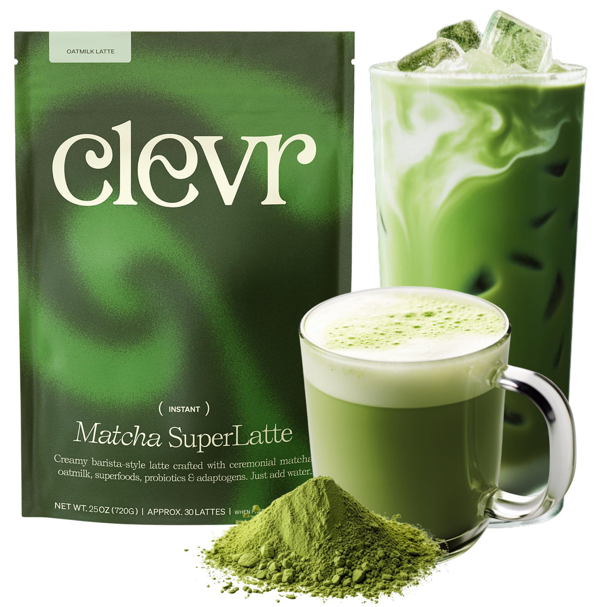 Clevr Matcha SuperLatte packaging tin with ceremonial-grade powder for daily rituals.