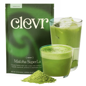 Clevr Matcha SuperLatte tin canister shows premium ceremonial-grade powder for daily energy.