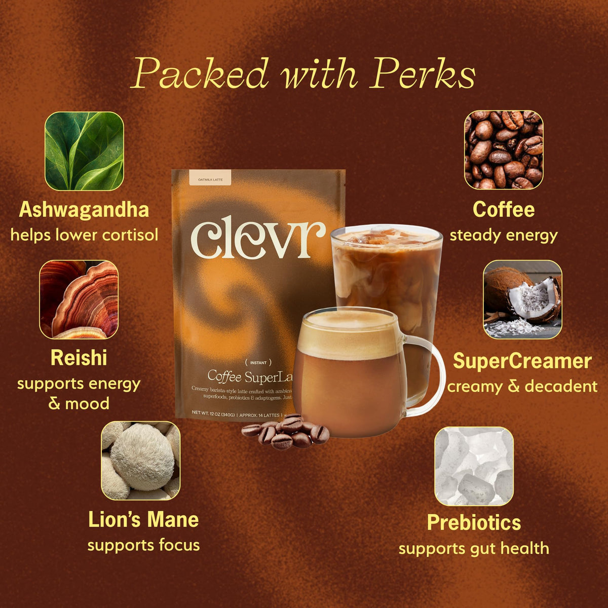 Clevr Lion’s Mane and Reishi mushroom mix with oat and coconut milk base.