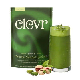 Clevr Pistachio Matcha SuperLatte tin front highlighting premium ceremonial-grade blend for clean energy