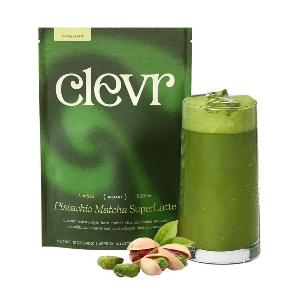 Clevr Pistachio Matcha SuperLatte tin front highlighting premium ceremonial-grade blend for clean energy