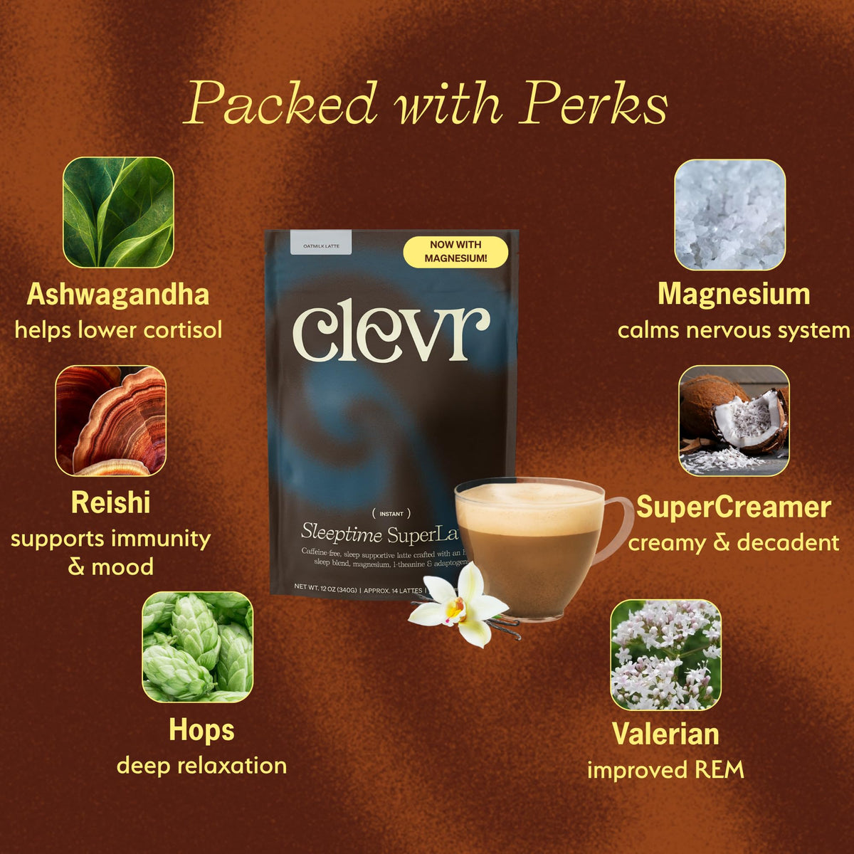 Clevr Sleeptime powder jar highlighting 14 servings for lasting nights