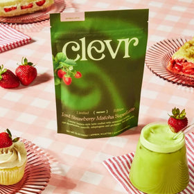 Clevr Strawberry Matcha SuperLatte iced latte in glass, refreshing strawberry flavor