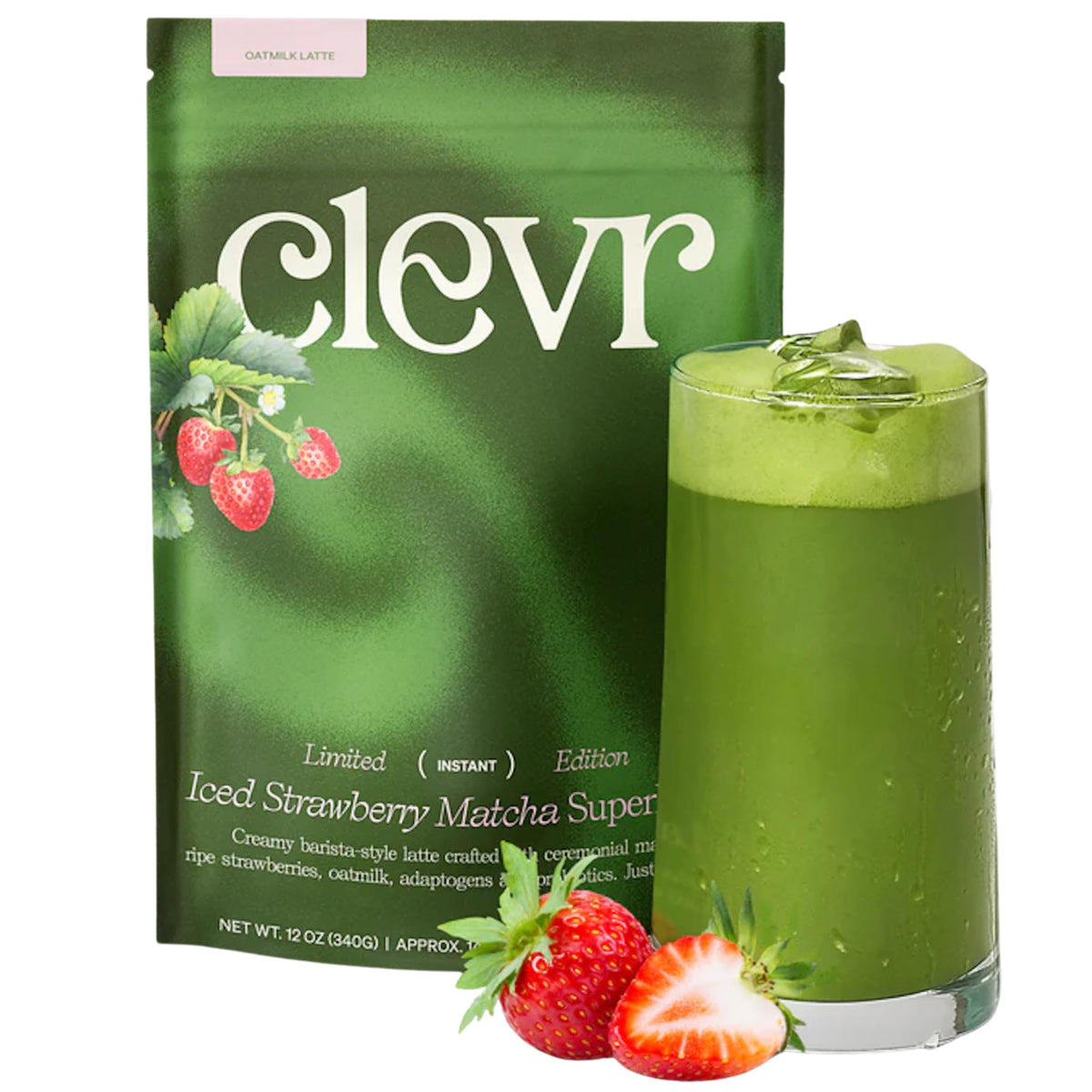 Clevr Strawberry Matcha SuperLatte powder in jar, ceremonial-grade for a smooth home latte