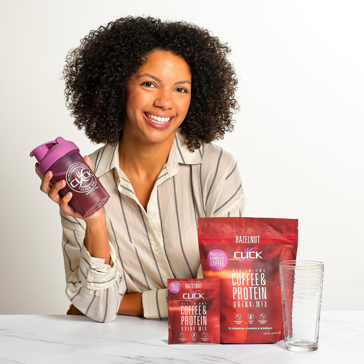 Click Coffee Protein hazelnut side view bottle emphasizes gluten-free formula