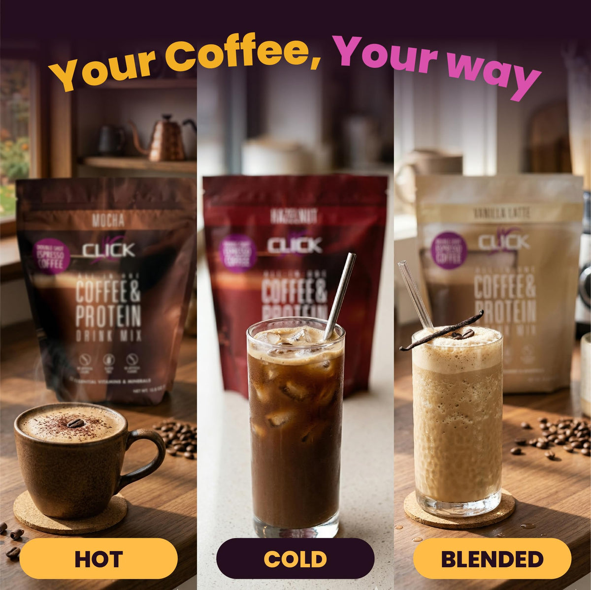 Click Coffee Protein hazelnut iced shot demonstrates a refreshing caffeine protein blend