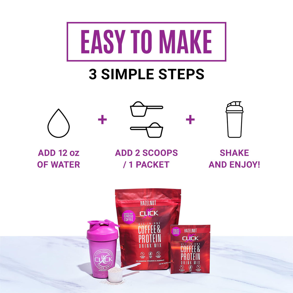 Click Coffee Protein hazelnut mug presents a hot, energy-boosting daily drink
