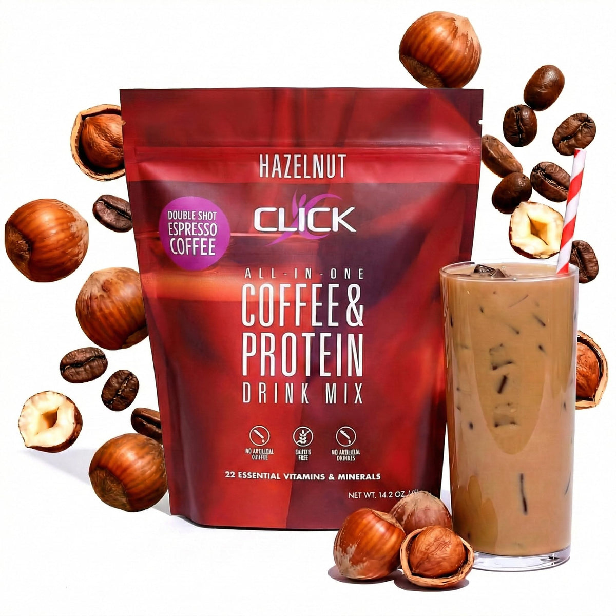 Click Coffee Protein Powder hazelnut pack shot shows portable nutrition for on-the-go days