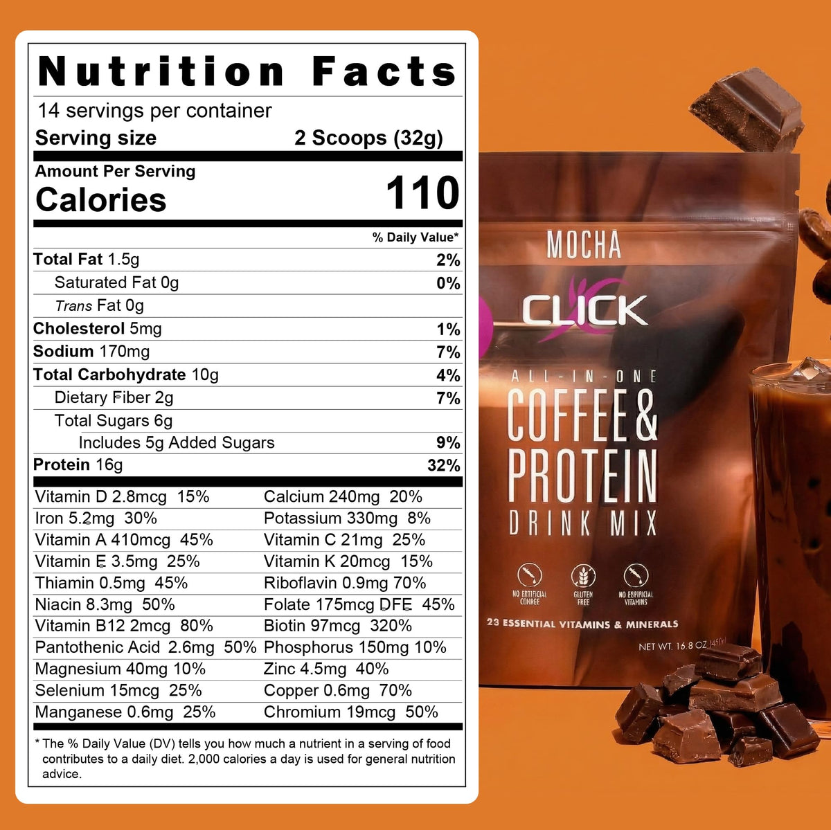 Click Coffee Protein hot mocha in cup for warm enjoyment