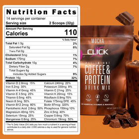 Click Coffee Protein hot mocha in cup for warm enjoyment