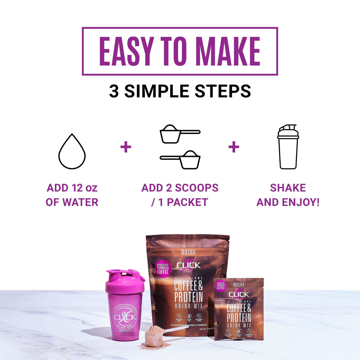 Click Coffee Protein label closeup, highlighting ingredients and vitamins