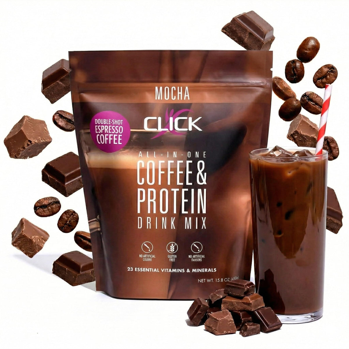 Click Coffee Protein mocha bottle front, showcasing flavor and packaging