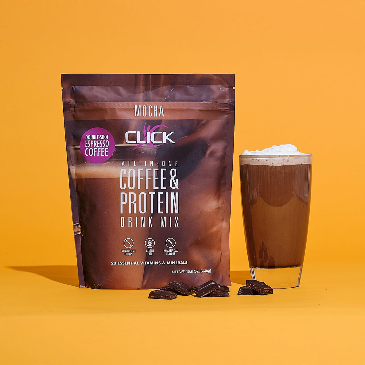 Click Coffee Protein package on shelf ready for purchase