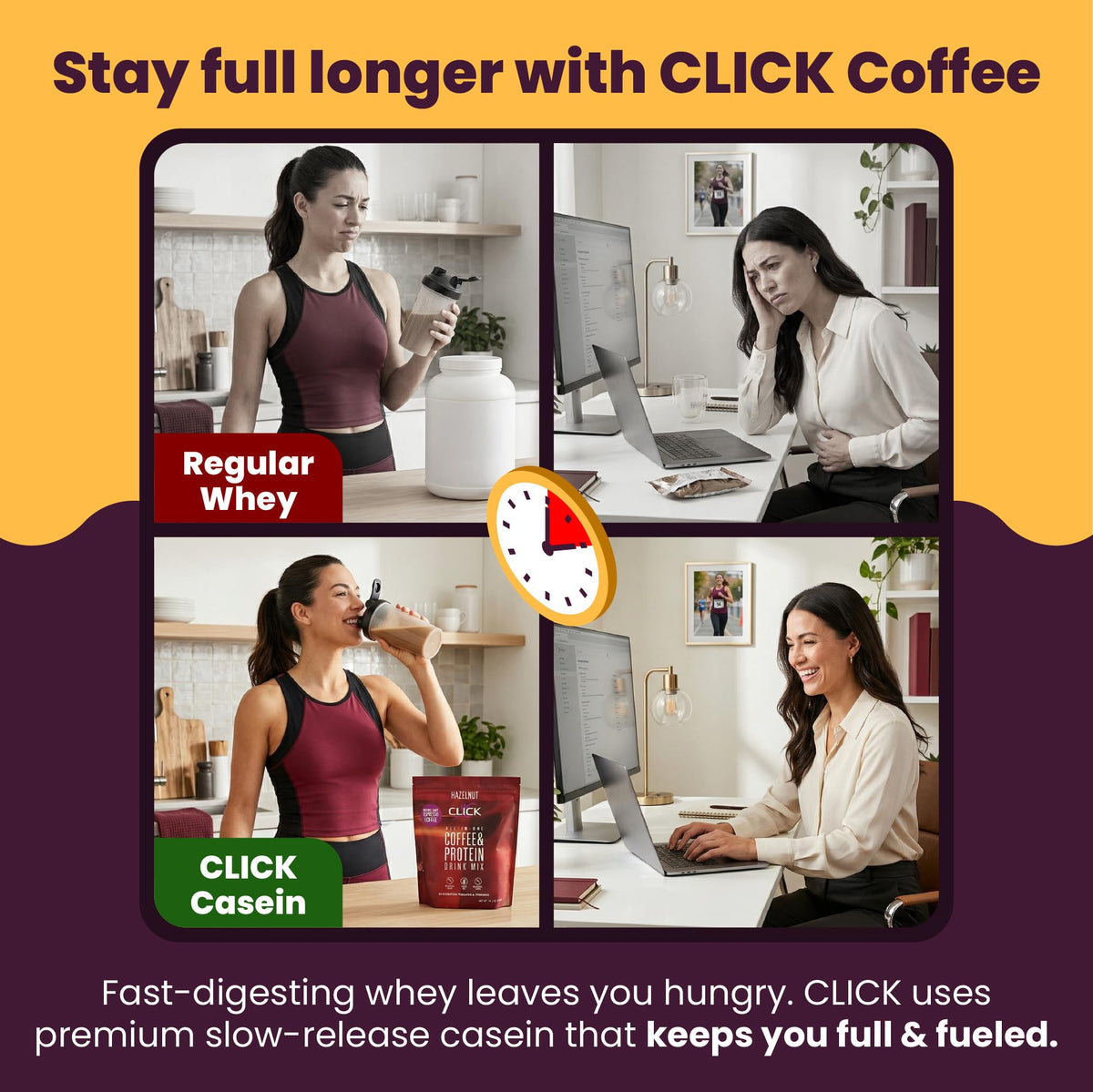 Creamy blended Click shake with caramel flavor for a versatile drink.
