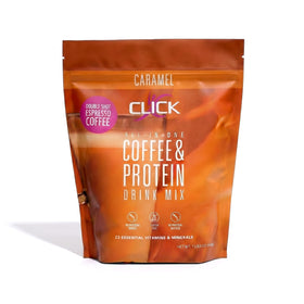 Click Coffee Protein Powder bottle front with caramel flavor and protein-rich nutrition.