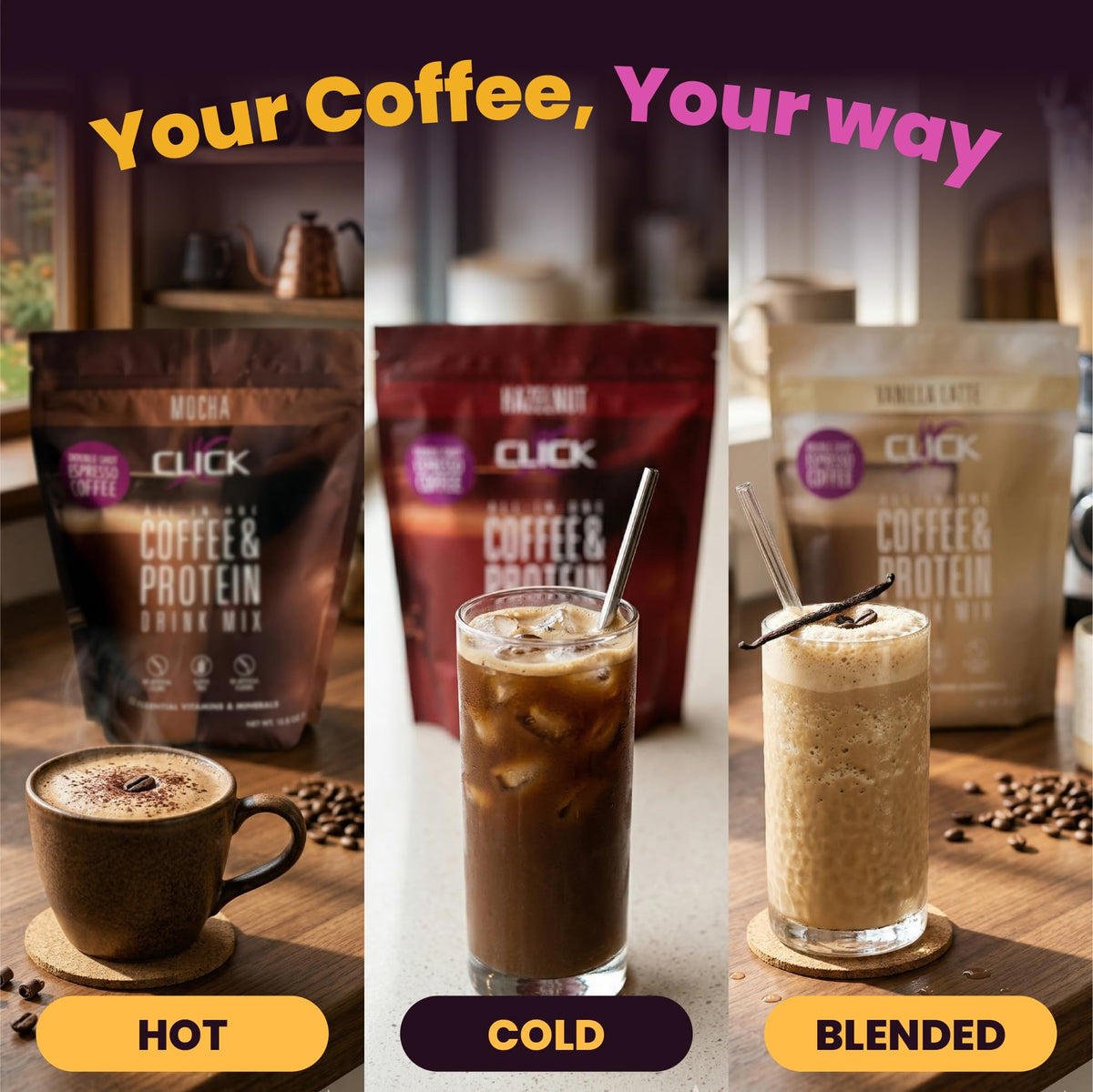 Close-up of double-shot espresso with Click Coffee Protein for energy.