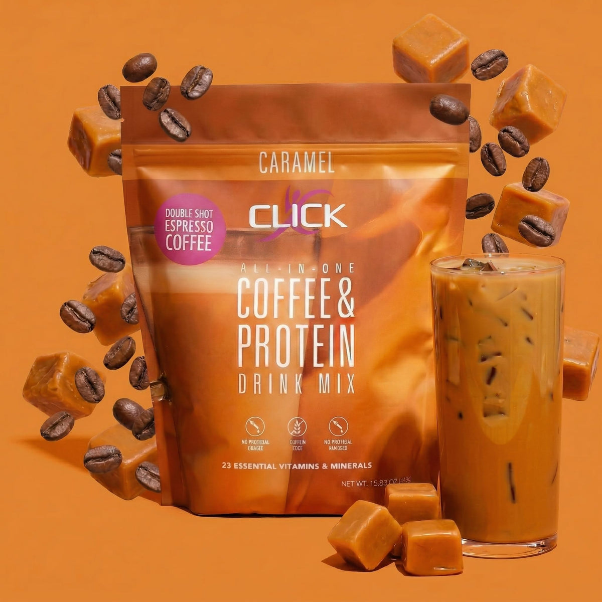 Gluten-free badge beside Click Coffee Protein Powder bottle.