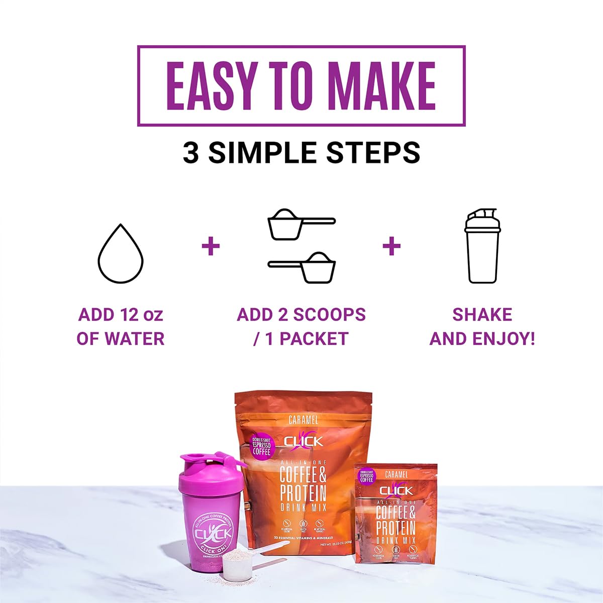 Scoop of Click Coffee Protein Powder beside bottle for quick meal replacement.