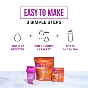 Scoop of Click Coffee Protein Powder beside bottle for quick meal replacement.