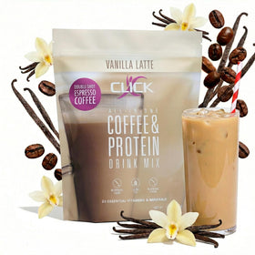 Click Coffee Protein Powder vanilla tub emphasizing protein and energy