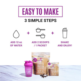 Creamy vanilla protein shake served over ice for a refreshing treat