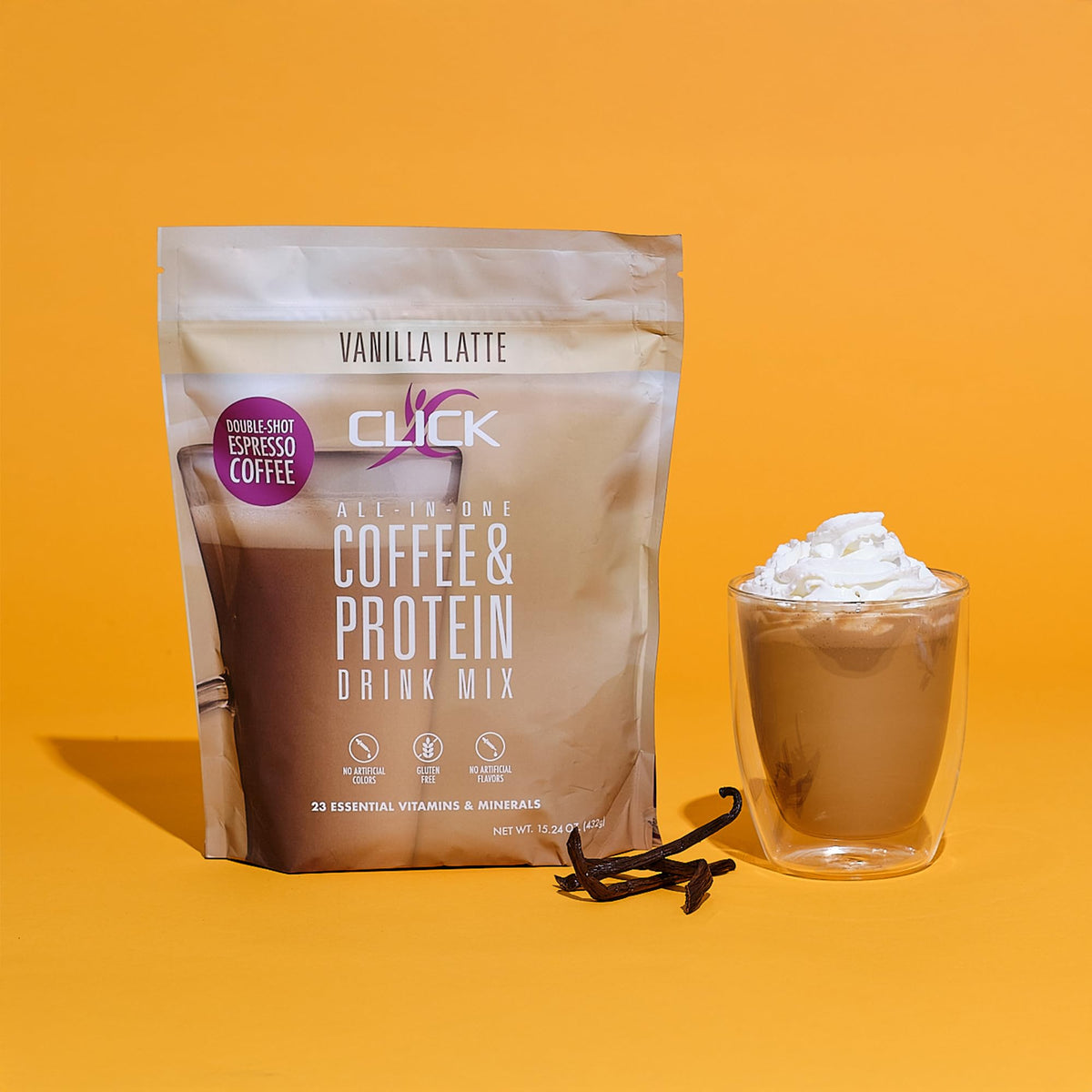 Pouring Click vanilla flavor powder into a mug for a smooth beverage