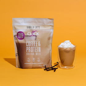 Pouring Click vanilla flavor powder into a mug for a smooth beverage