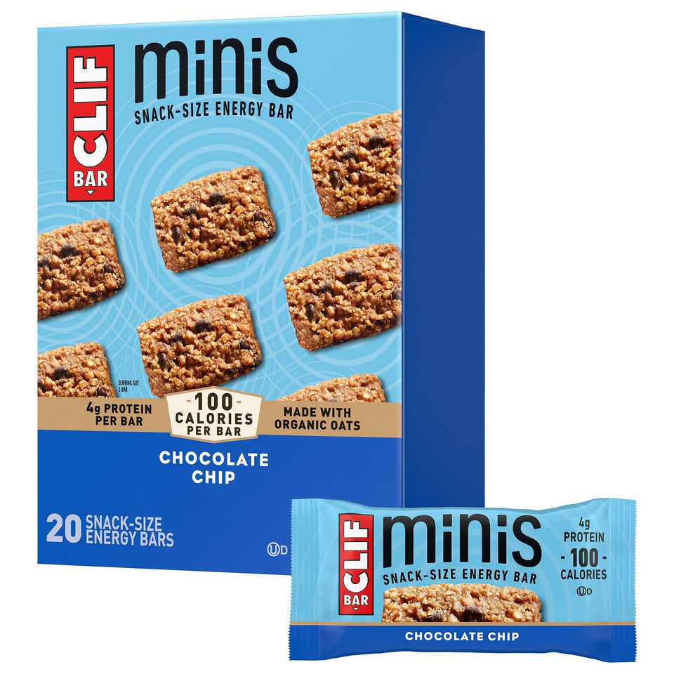 CLIF Bar Minis Chocolate Chip 20-pack front view highlighting portable energy.