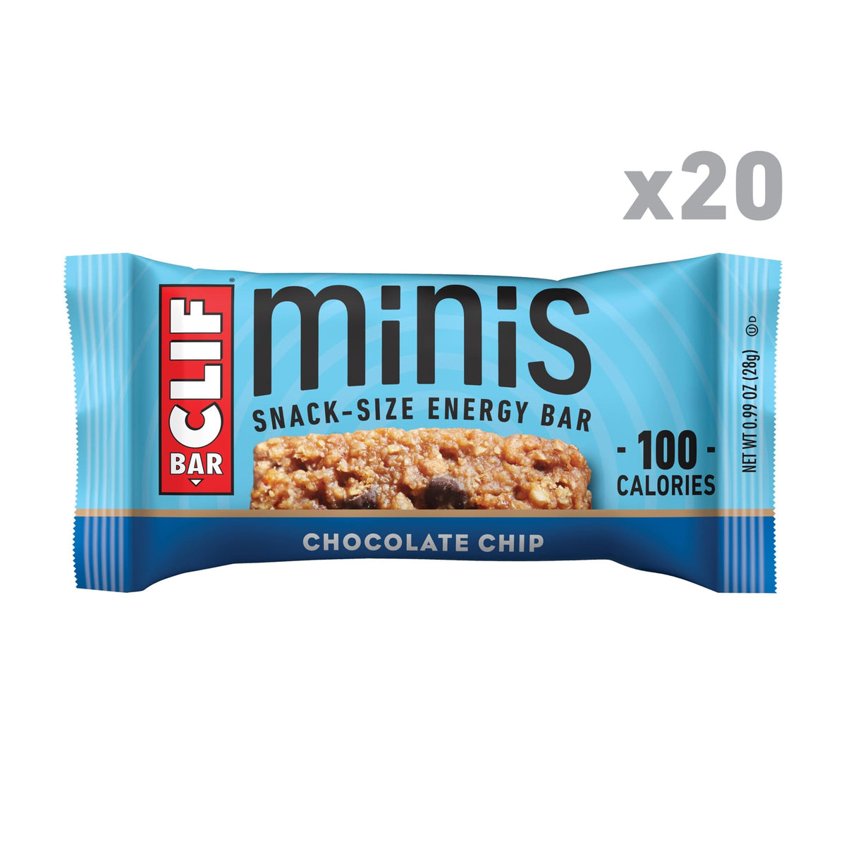 CLIF Bar Minis Chocolate Chip 20-pack side view for on-the-go snacking.