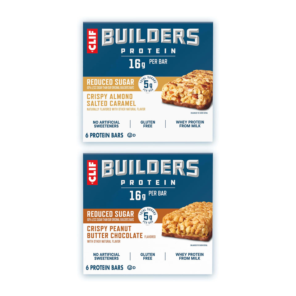 CLIF BUILDERS Crispy Almond Salted Caramel bar with crunchy texture for a protein boost.