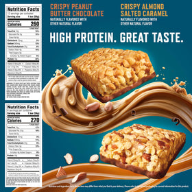 Two-flavor CLIF BUILDERS Crispy Almond Salted Caramel pack shown for travel snacking.