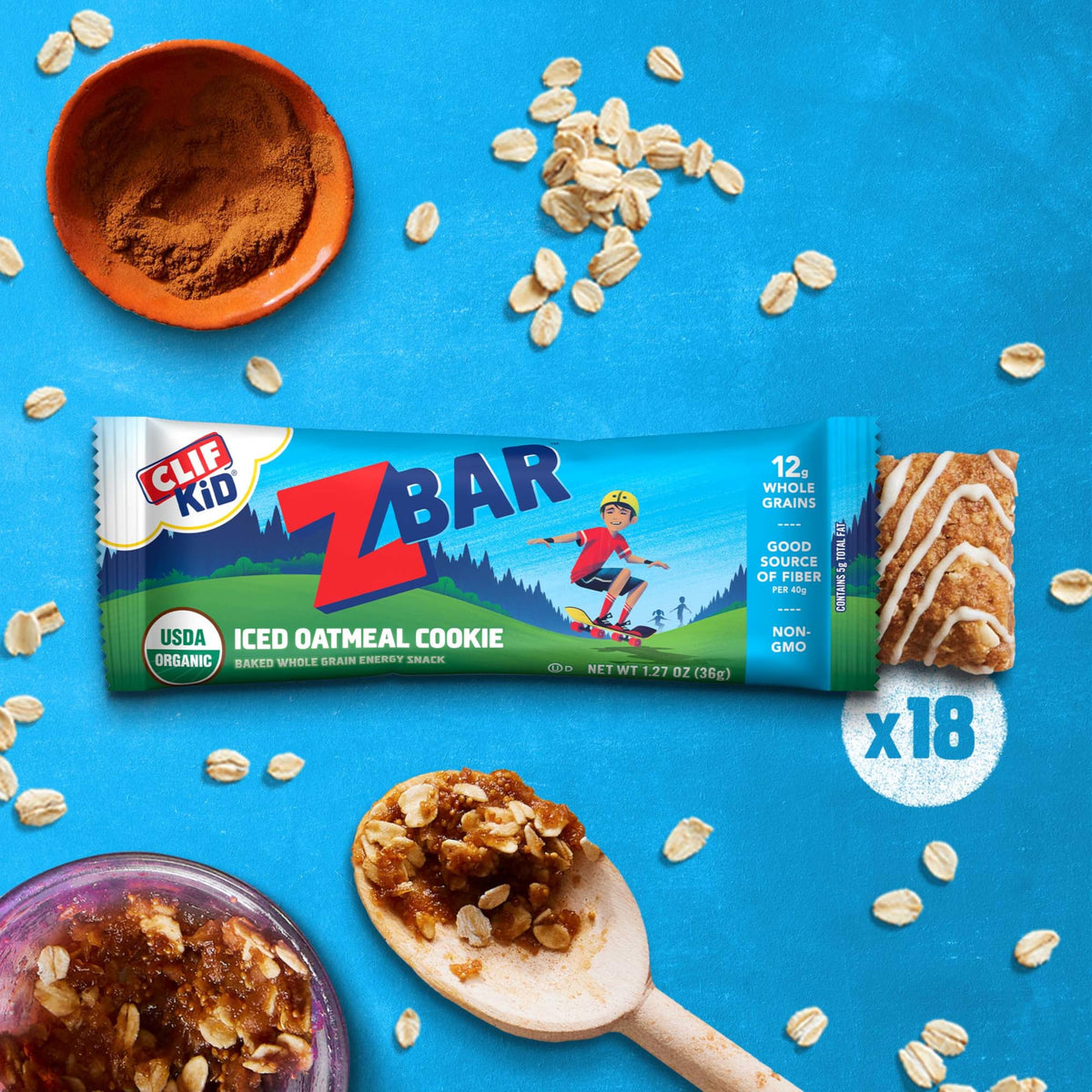 Clif Kid ZBar 12g whole grains label emphasizes energy-friendly oats