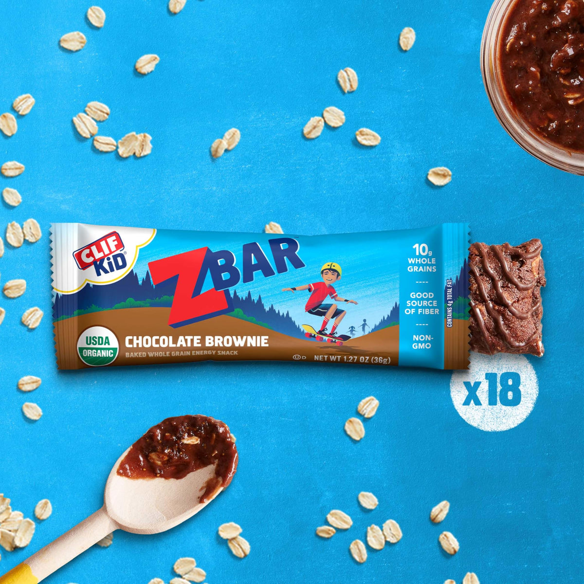 Clif Kid ZBar Chocolate Brownie packaging emphasizes organic, non-GMO ingredients.